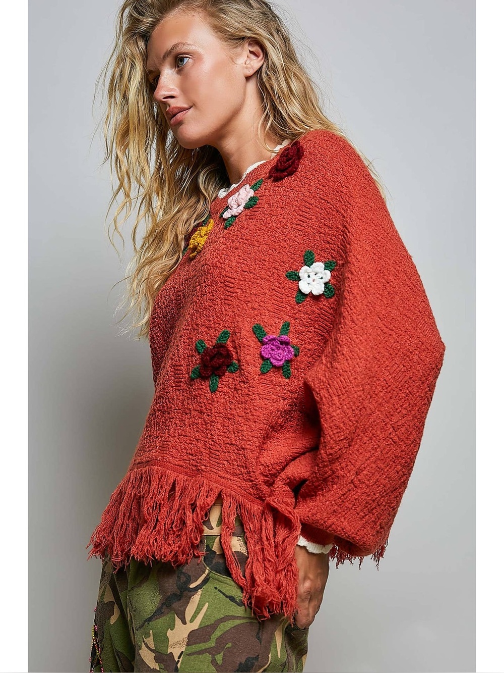 POL Rust Crochet Floral Fringe Hem Boho Oversized Sweater - Picture 2 of 4